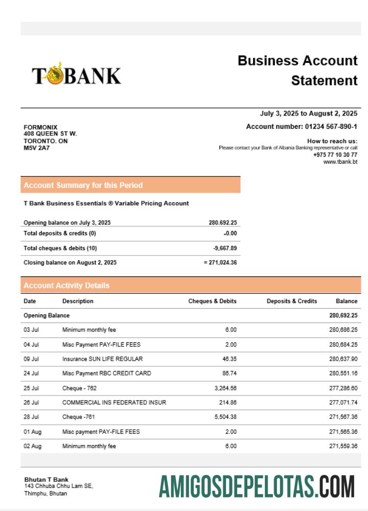 Exemplo de extrato bancário comercial do T Bank em formato Word e PDF